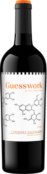 Floating bottle of 2023 Guesswork Napa County Cabernet Sauvignon by Educated Guess, featuring a clean white label with orange text and molecular graphics symbolizing wine chemistry, set against a minimalist background.